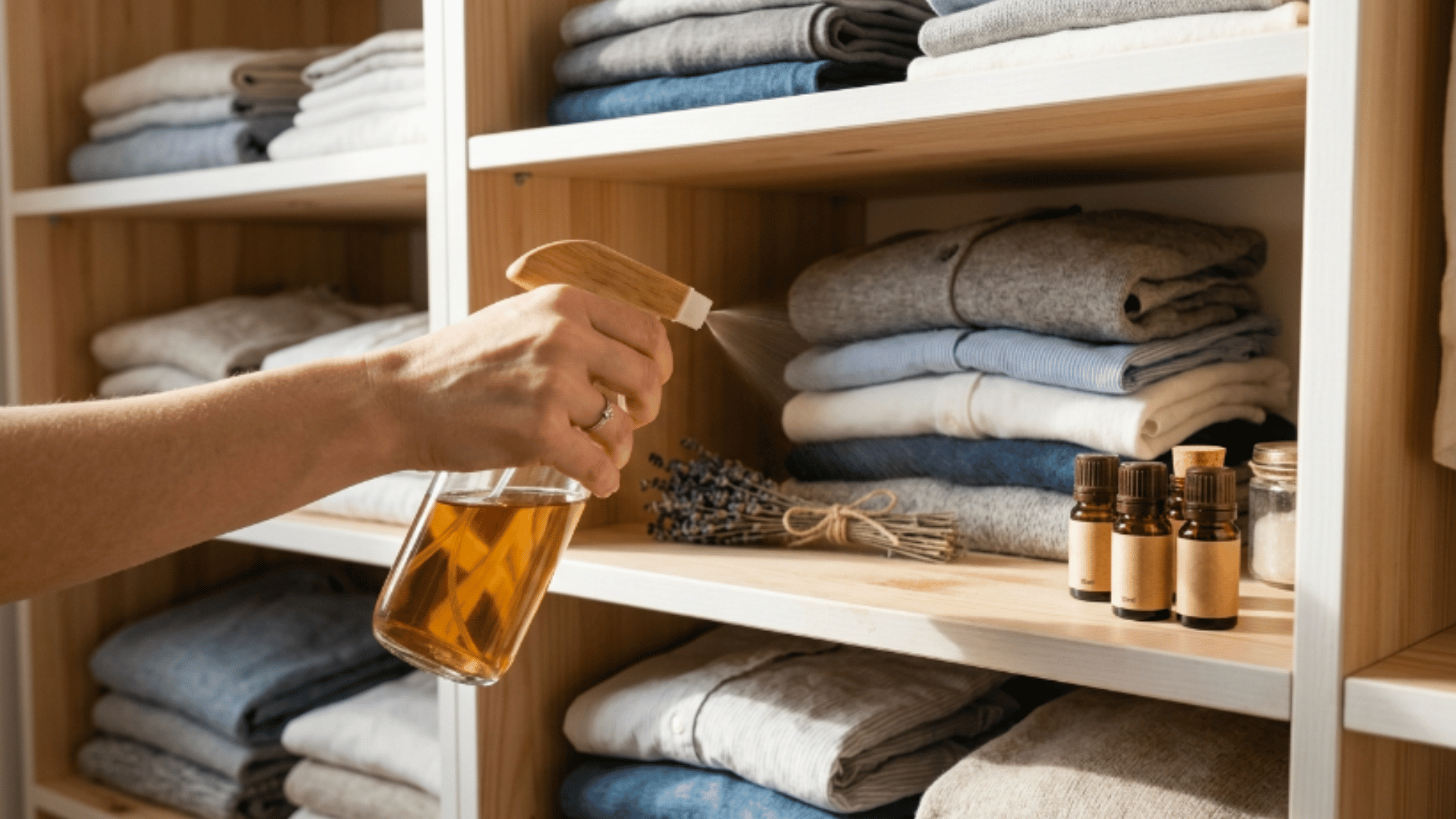 single hand spraying liquid on closet shelves with folded clothes and small bottles nearby