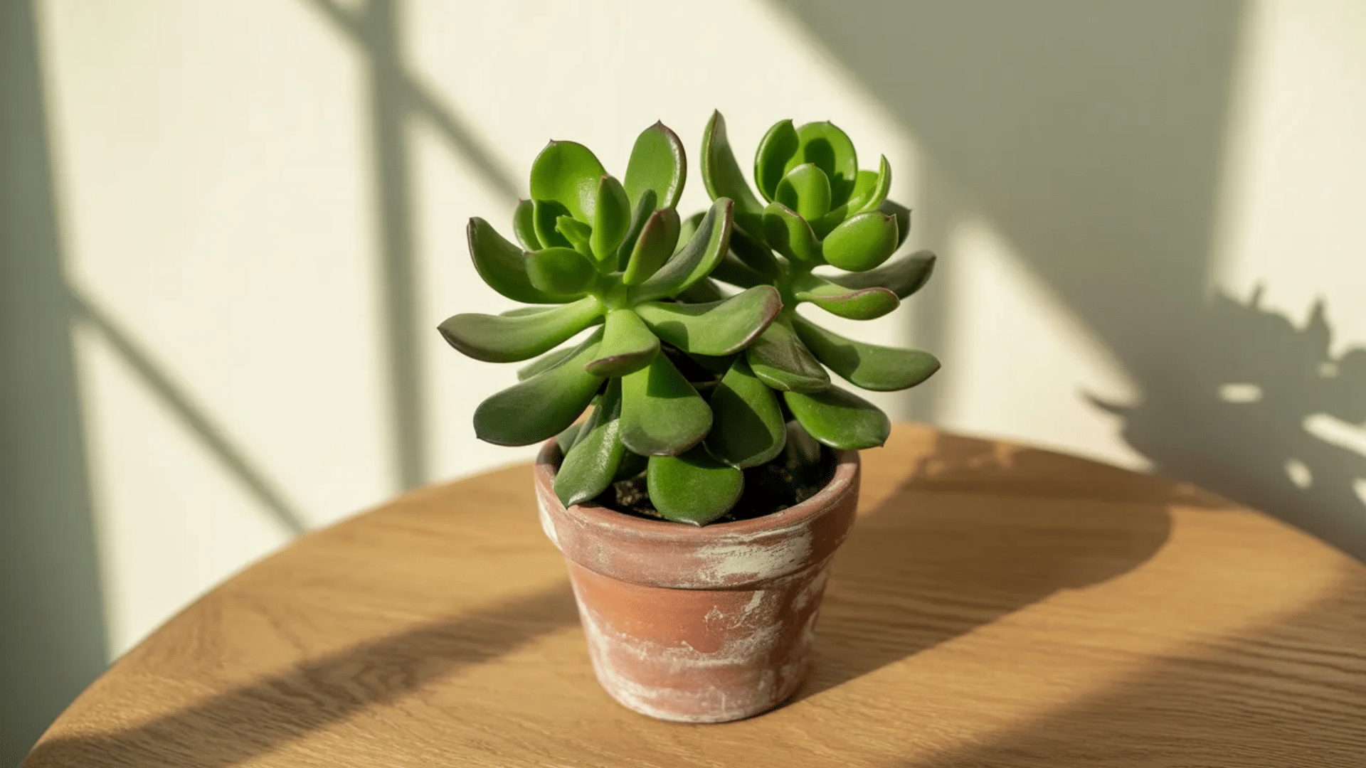 single healthy succulent in a terracotta pot on a wooden table, lit by soft natural sunlight