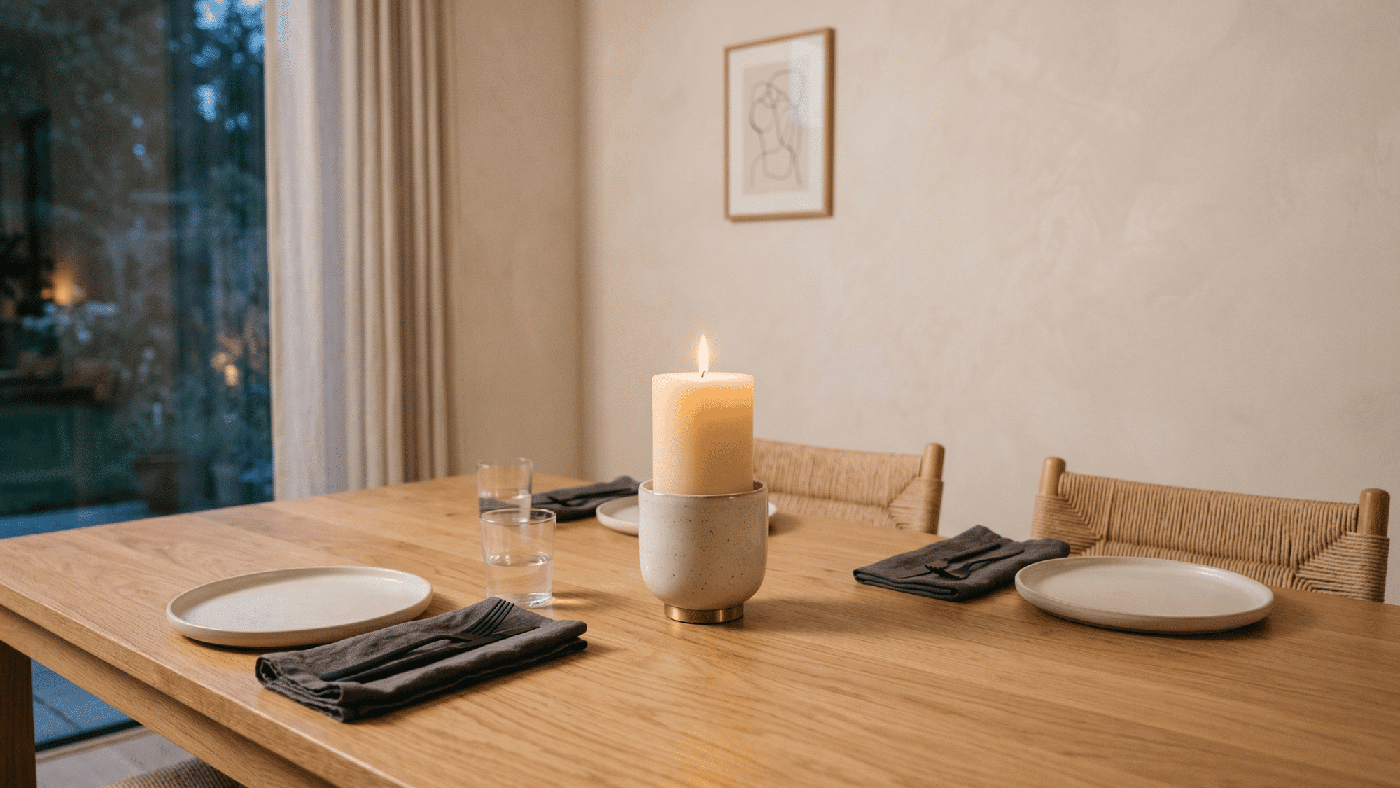 single large candle centerpiece on a dining table with a minimalist and cozy look