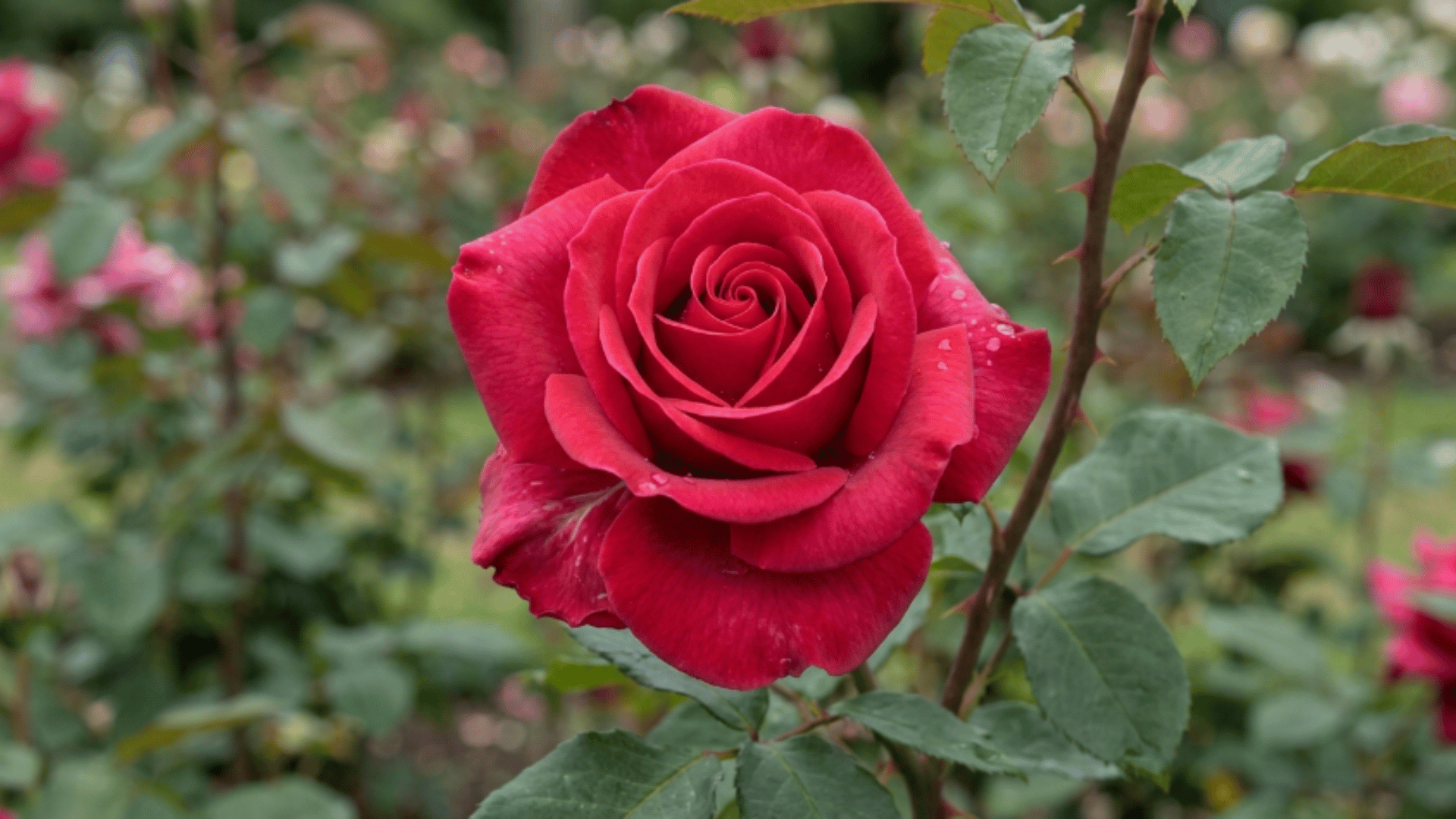 single red rose in sharp focus with velvety petals and water droplets, standing out against a softly blurred green garden background.