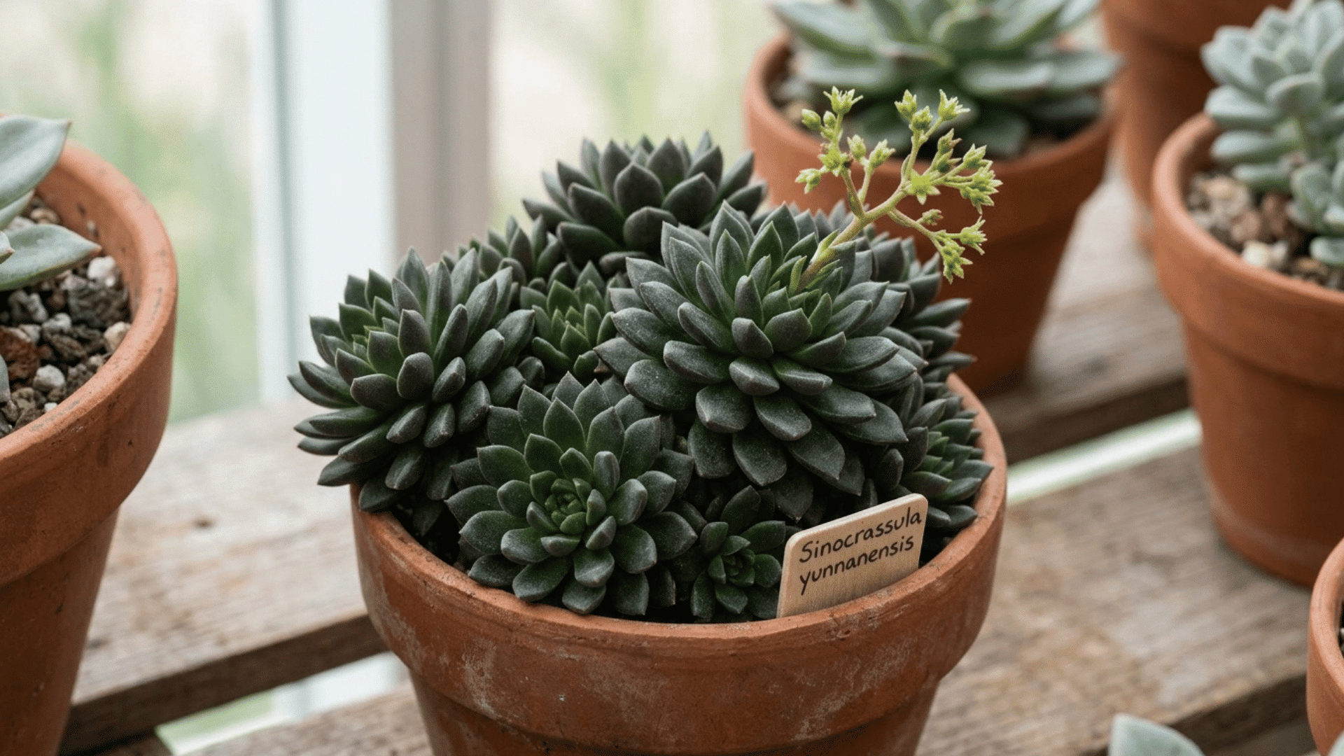 sinocrassula plant with dark spiky rosettes in a clay pot on a windowsill.