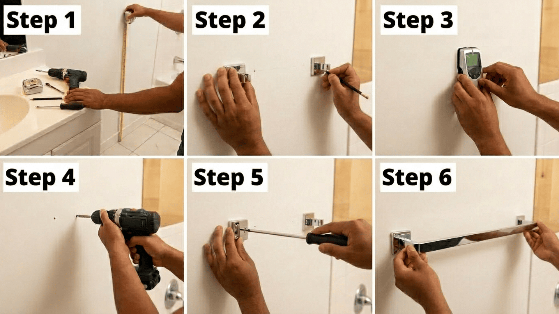 six panel collage showing only hands performing each labeled step of installing a chrome towel bar on a white bathroom wall