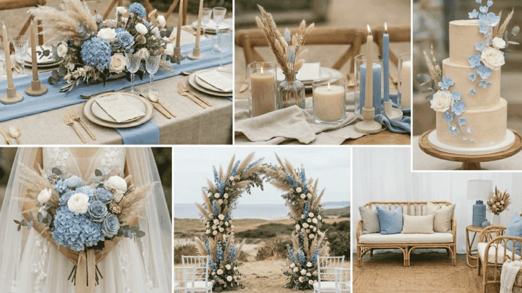 sky blue and sand wedding color scheme collage with soft tones beach inspired decor setup