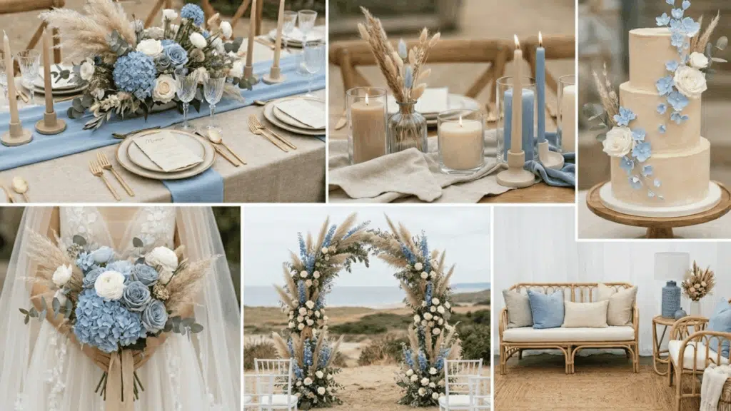 sky blue and sand wedding color scheme collage with soft tones beach inspired decor setup
