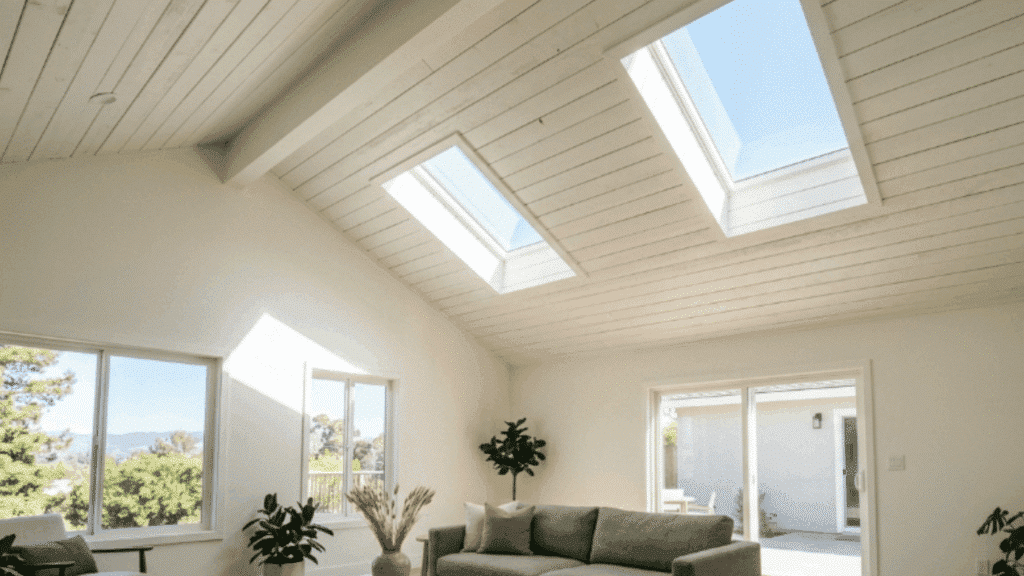 skylights bring natural light across shiplap boards, highlighting texture and brightening the room