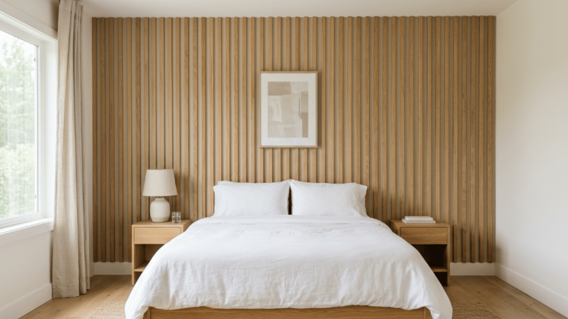 slatted wood and painted accent wall with vertical wooden panels over neutral background in a clean modern master bedroom