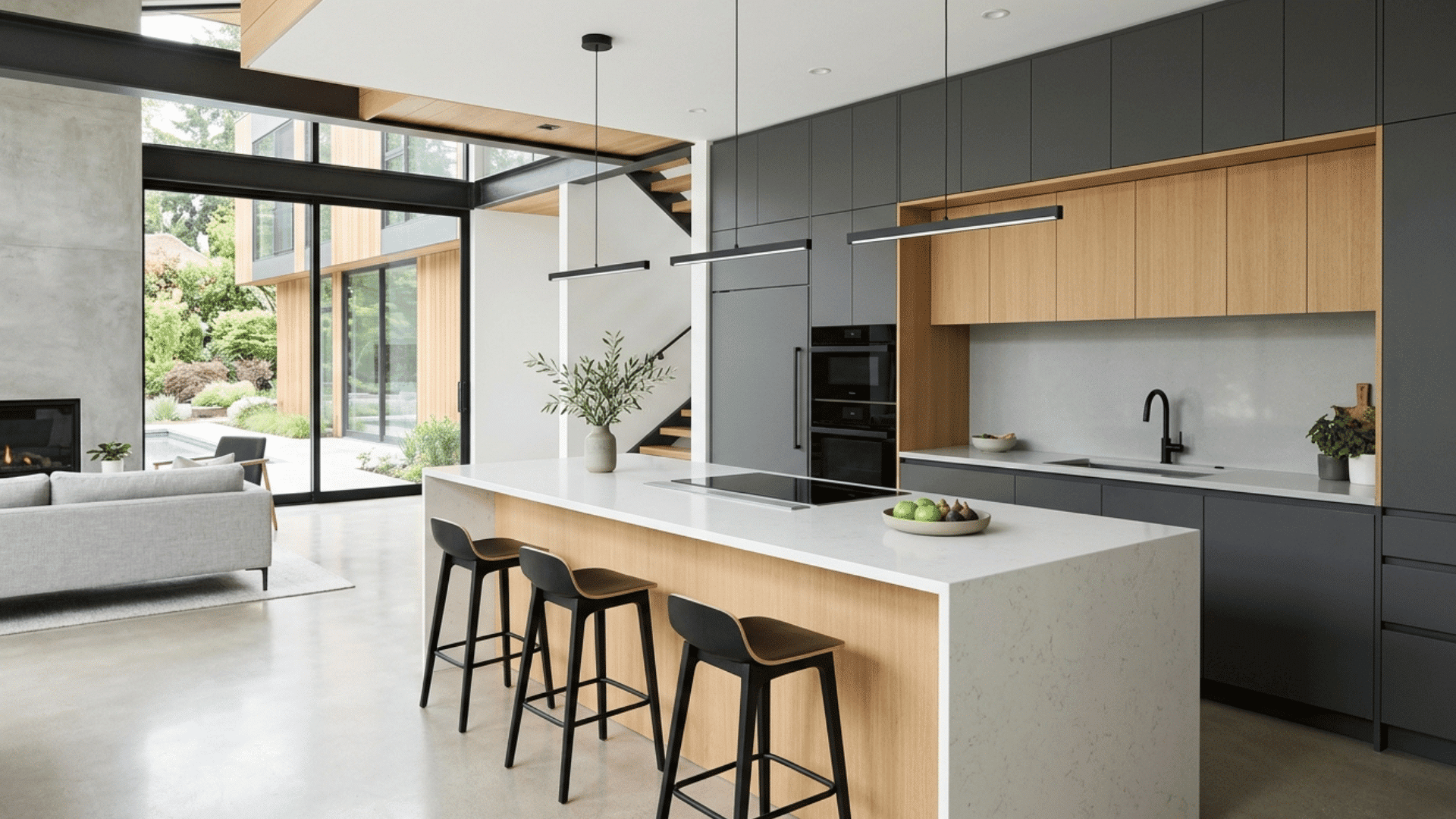 sleek contemporary kitchen with island, wood accents, and black cabinets. (1)