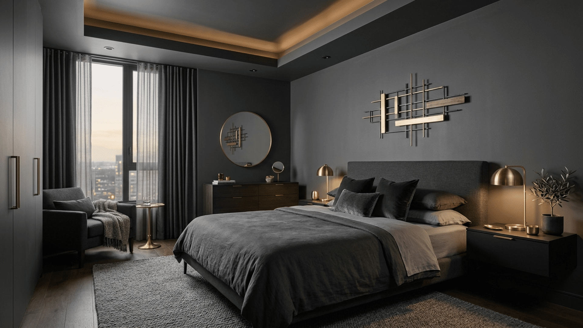 sleek dark gray bedroom with modern decor, soft ambient lighting, geometric wall art, and city skyline view at dusk