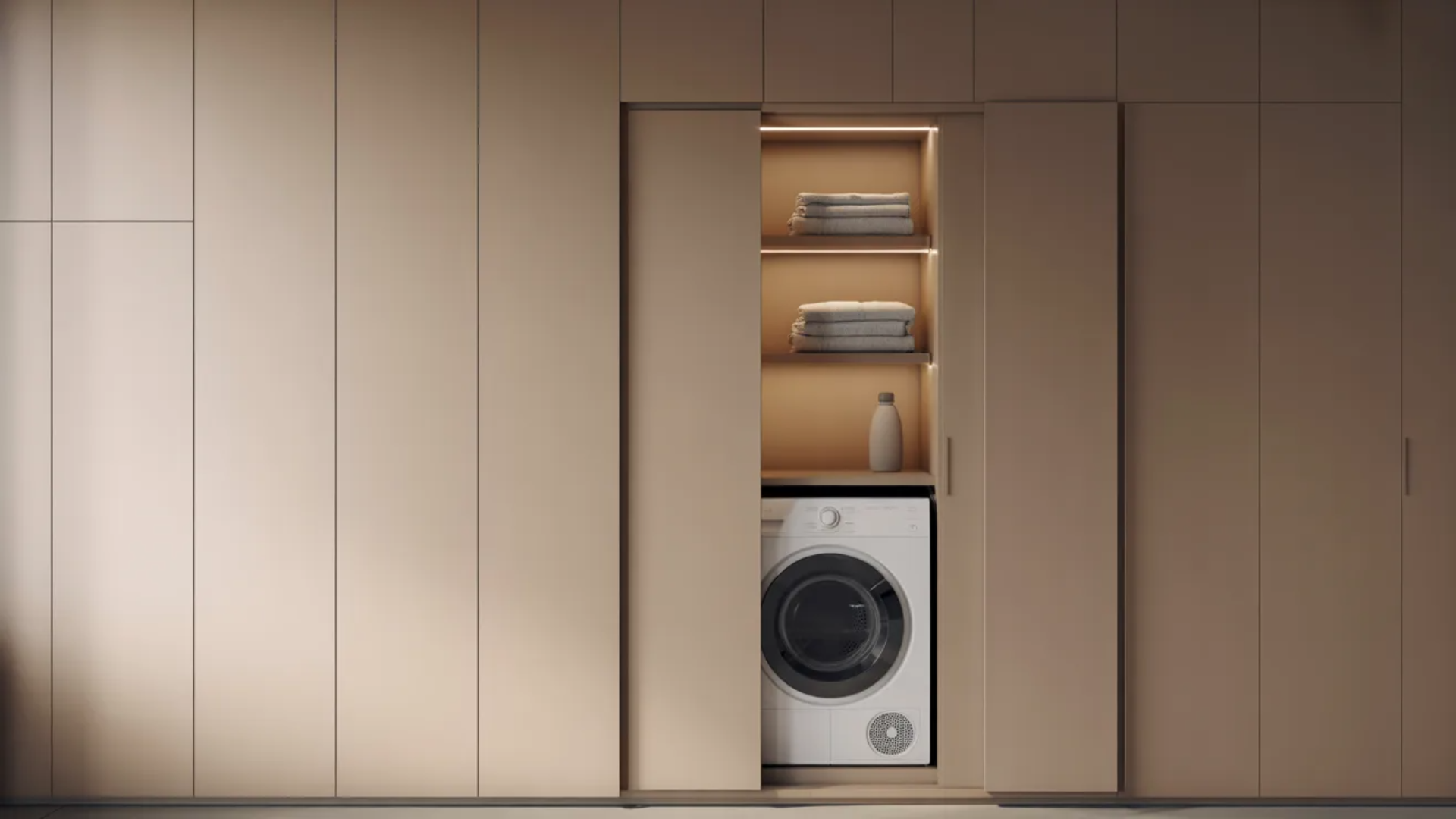 slide-in laundry unit with hidden washer, open shelving, and seamless cabinet design