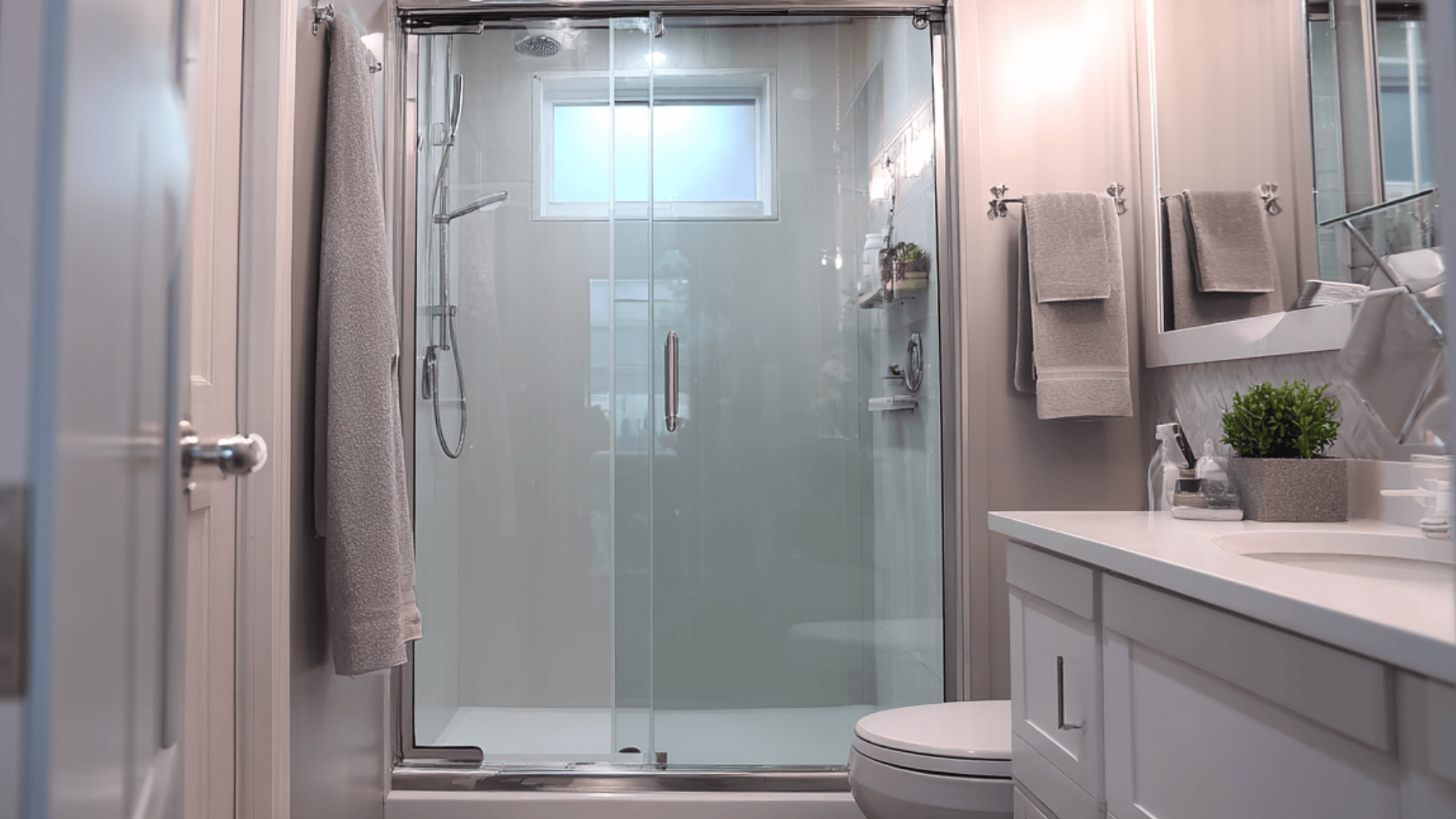 sliding glass shower door saving space in compact bathroom with modern and sleek design