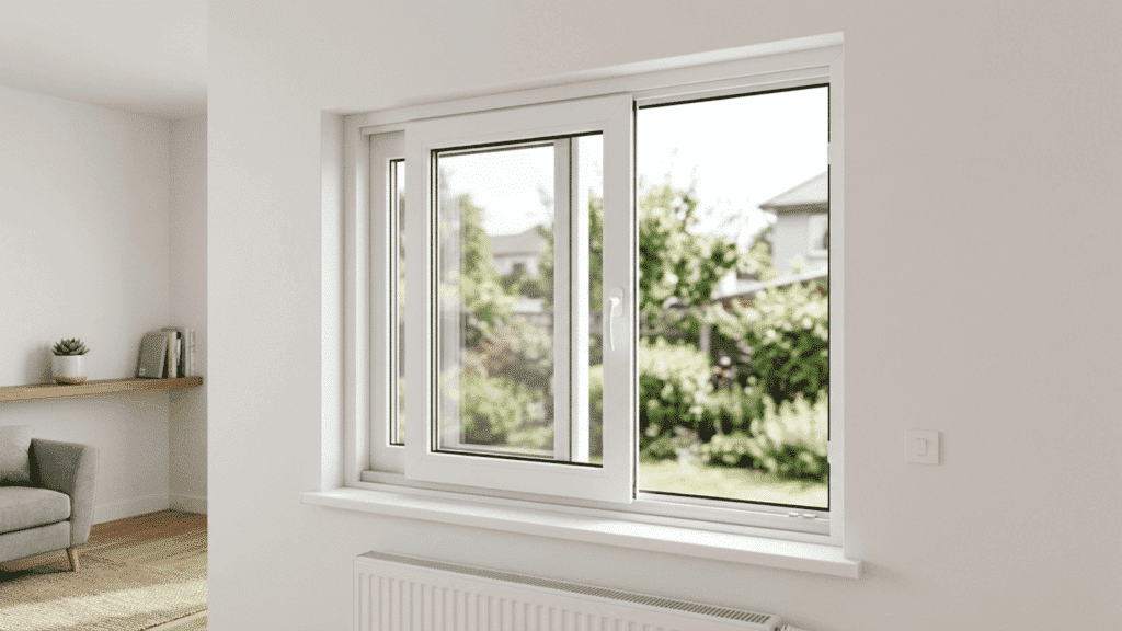 sliding pvc window with one panel open installed on a smooth white interior wall