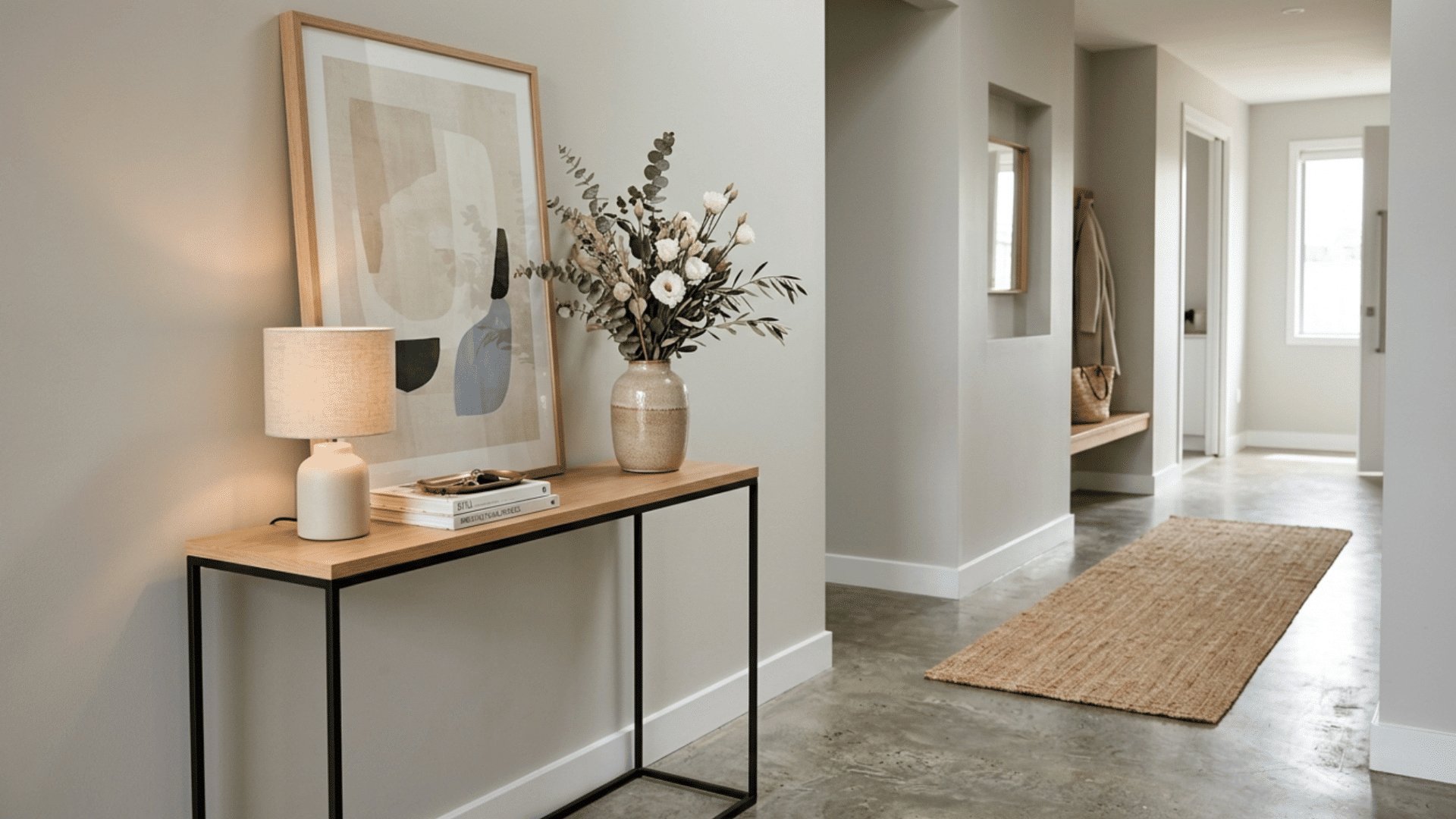 Slim console table in hallway with vase, lamp, and decor for a clean and stylish setup