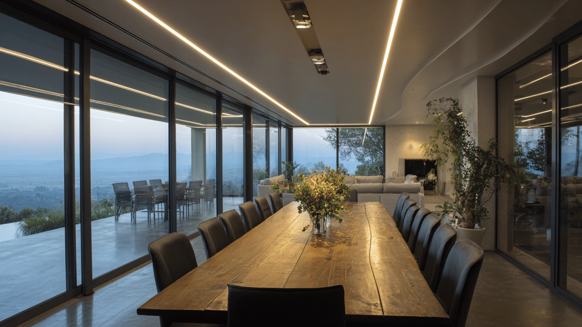 slim led strip light above dining table with clean modern and even lighting