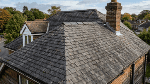 sloped residential roof showing general wear and aging shingles across entire surface.