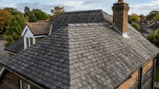 sloped residential roof showing general wear and aging shingles across entire surface.