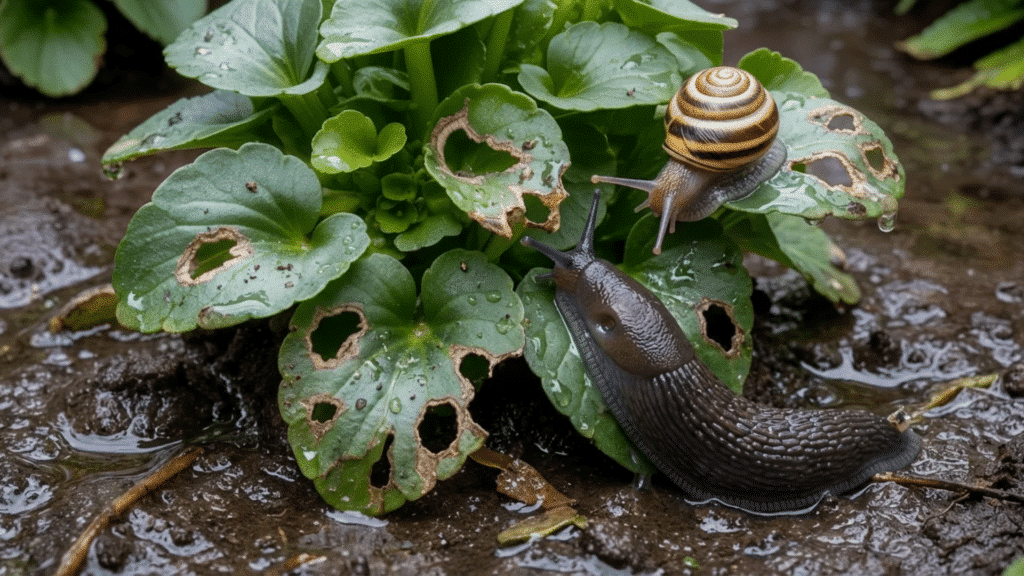 slug and snail feeding on pansy leaves causing holes and slime trails in damp soil