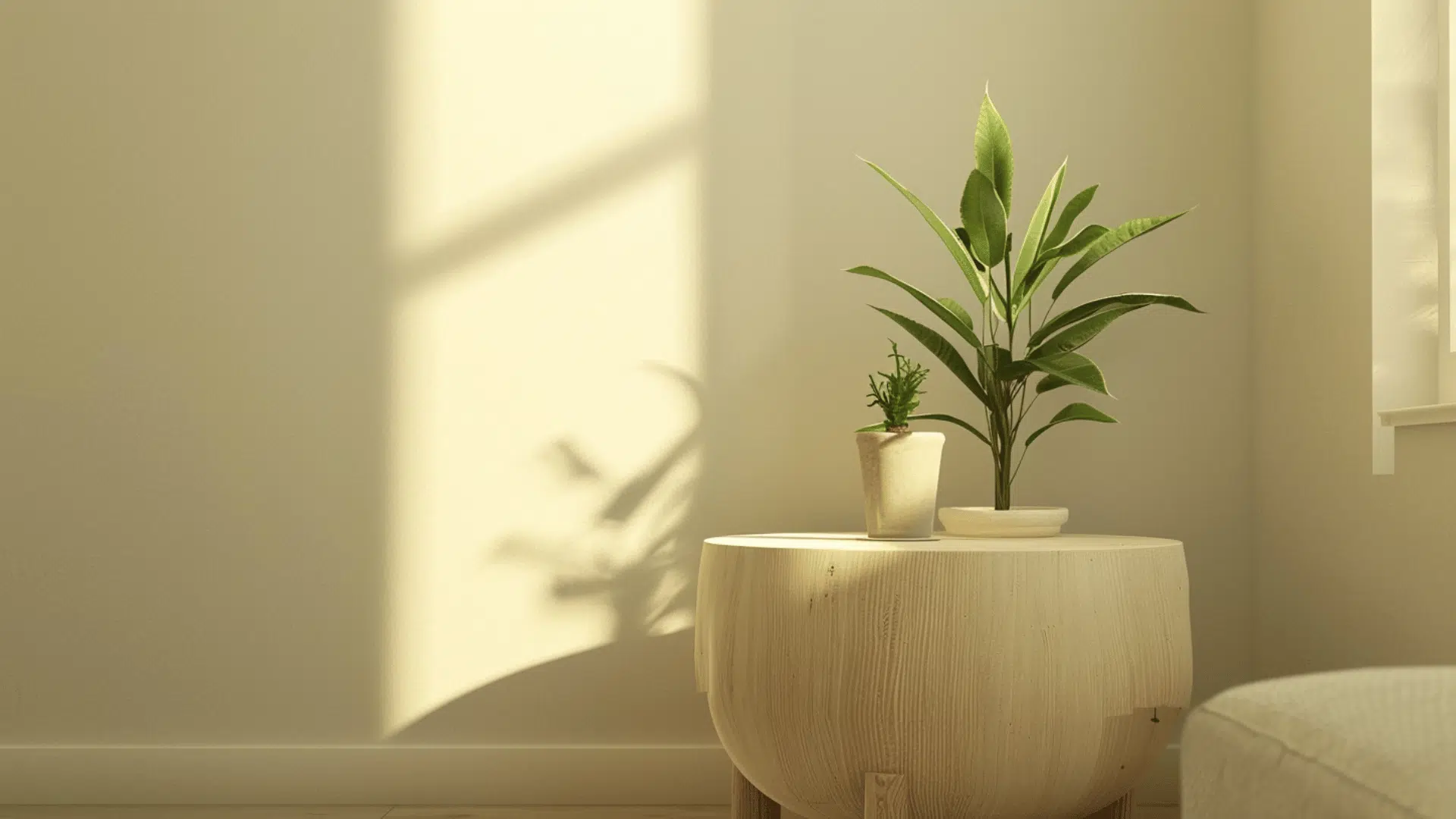 small accent table in living room corner, empty surface, wide view, minimal clean setup