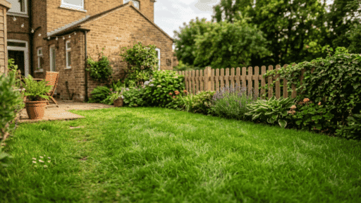 small backyard lawn with lush green grass, wooden fence, plants, and a cozy patio near a brick house
