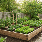 small backyard with raised garden beds, fresh vegetables, green grass lawn, wooden fence, and gardening tools in sunlight