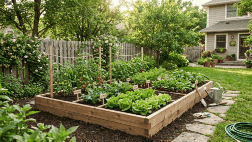 small backyard with raised garden beds, fresh vegetables, green grass lawn, wooden fence, and gardening tools in sunlight