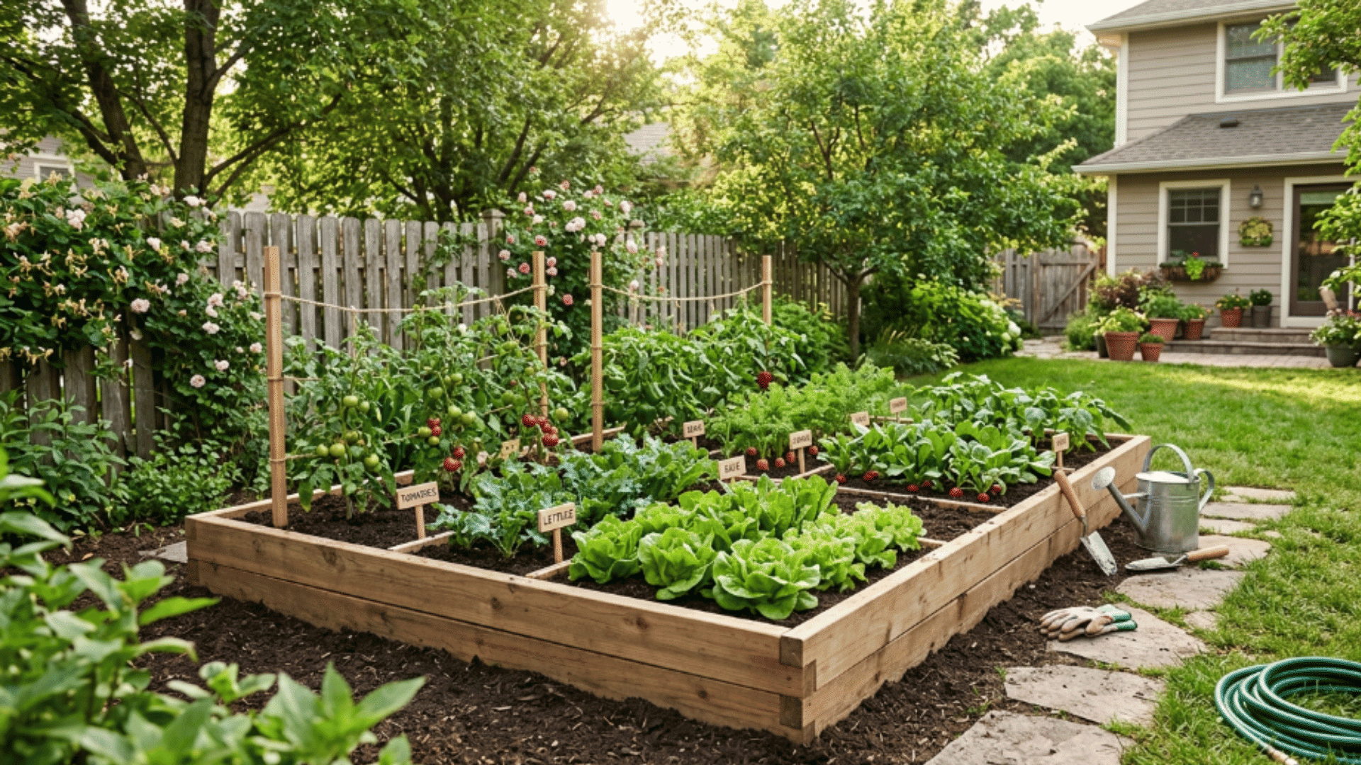 small backyard with raised garden beds, fresh vegetables, green grass lawn, wooden fence, and gardening tools in sunlight