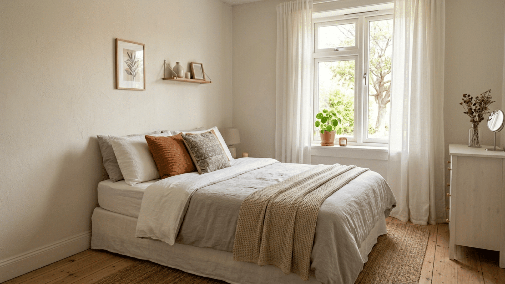 small bedroom with bed against wall, neutral bedding, soft natural light from window, minimal decor and cozy modern styling