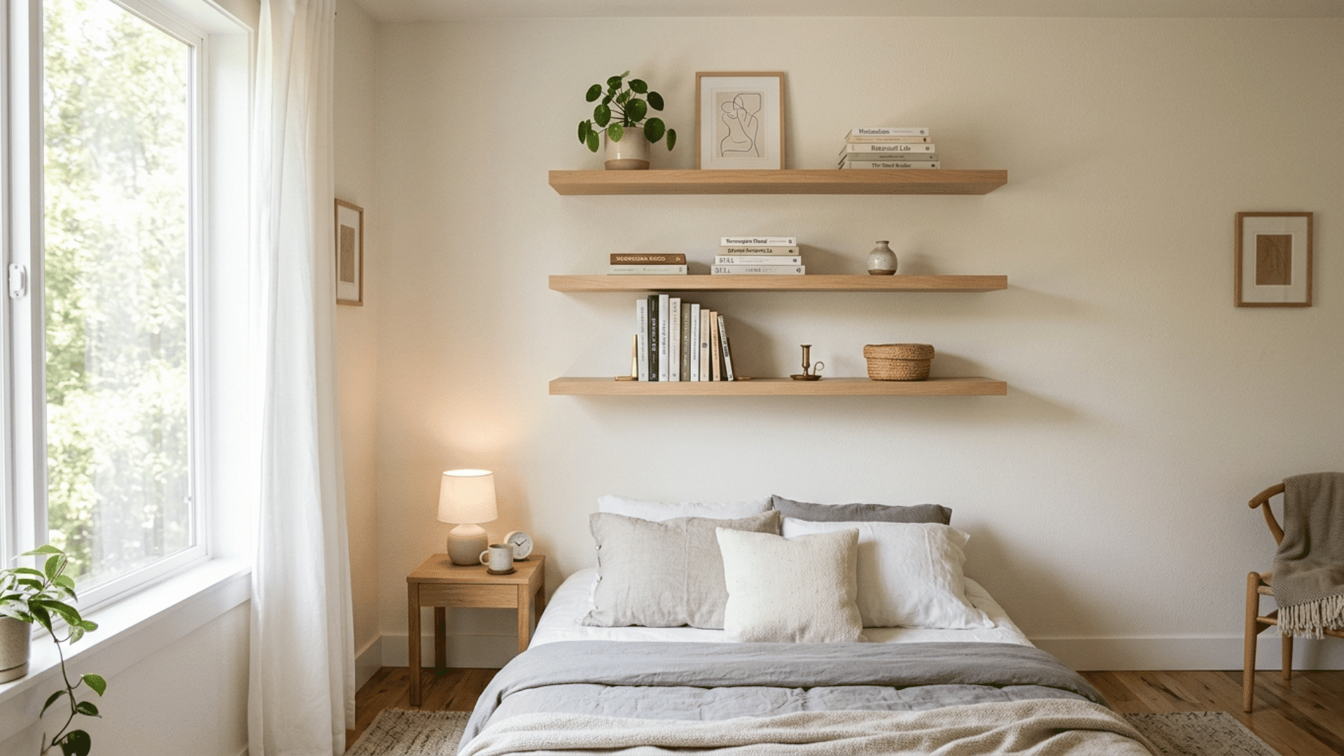 small bedroom with floating wall shelves, decor and books, neutral palette and soft daylight from window