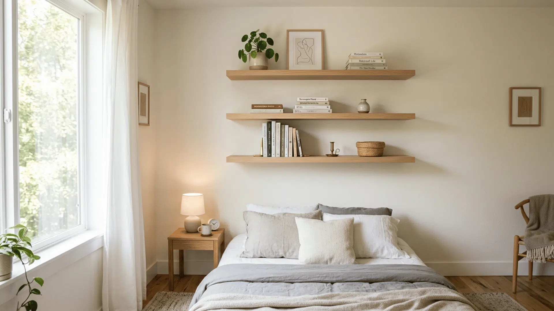 small bedroom with floating wall shelves, decor and books, neutral palette and soft daylight from window