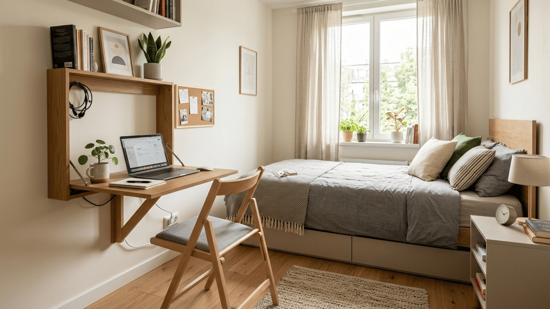 small bedroom with foldable desk and chair, compact setup, clean layout and natural lighting