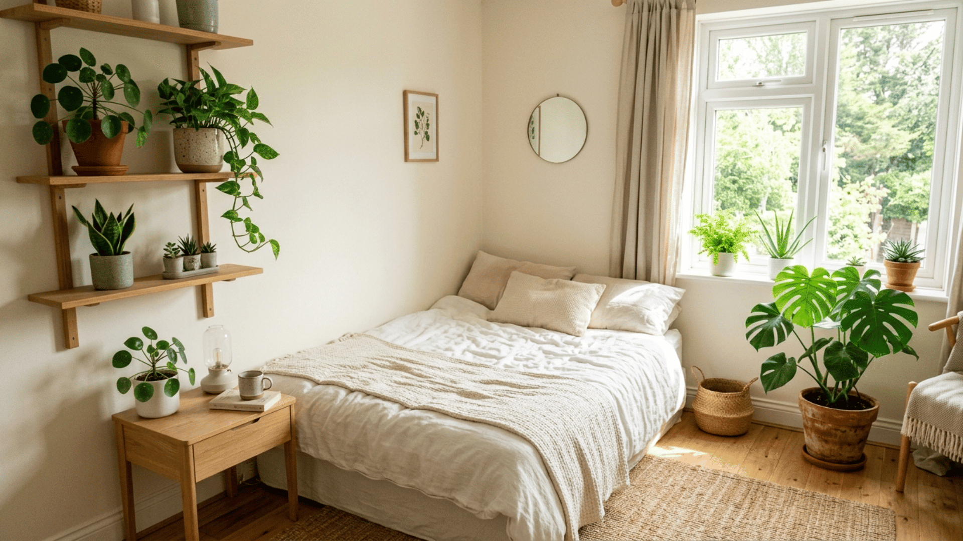 small bedroom with indoor plants near window, natural light and fresh minimal styling