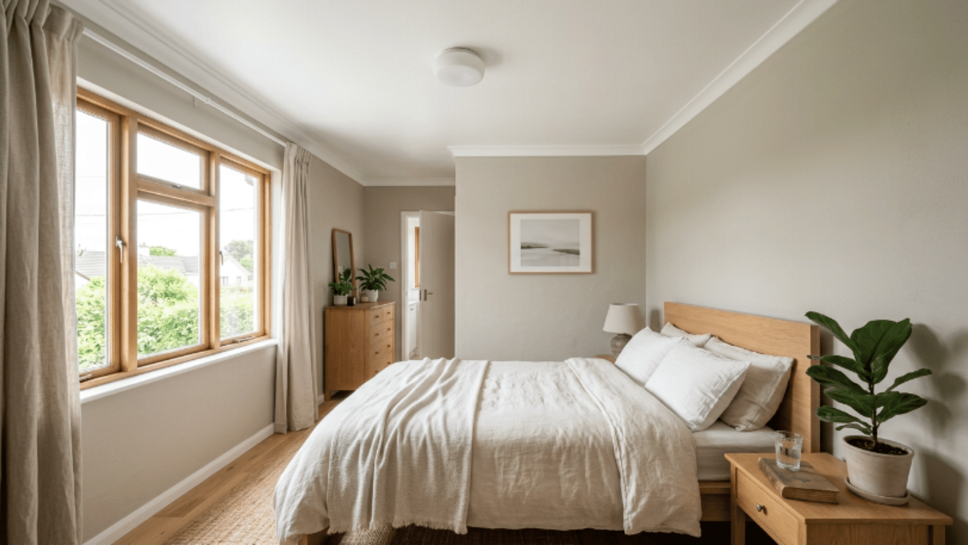 small bedroom with lighter ceiling, neutral walls, bright daylight and simple modern styling