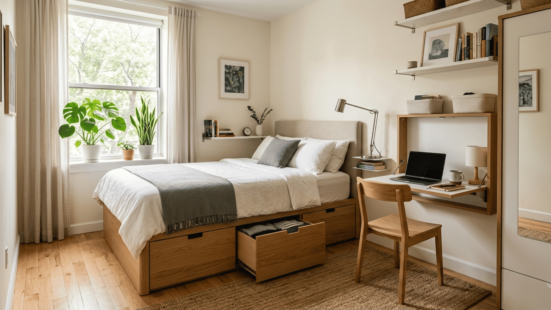 small bedroom with storage bed and desk setup, warm wood furniture, plants, shelves and bright natural lighting