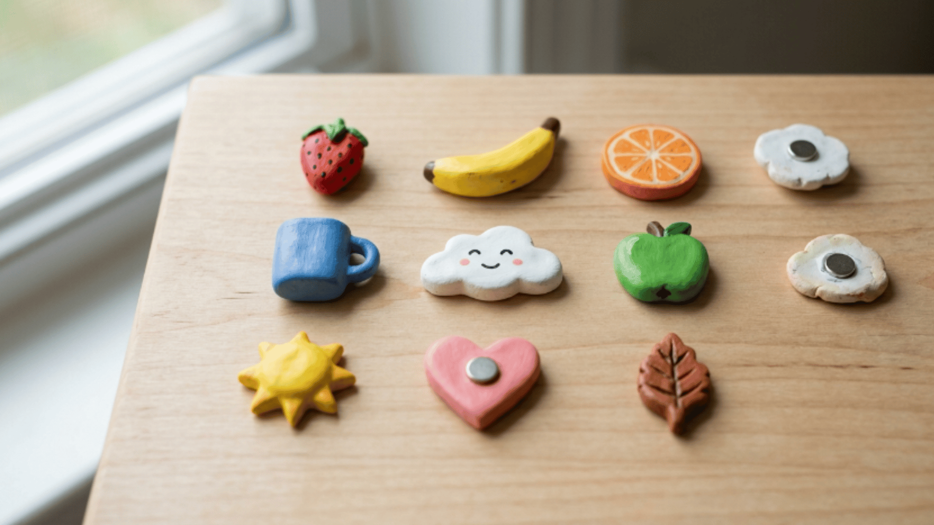small clay magnets shaped like fruits and objects arranged neatly on clean surface with soft natural lighting (1)