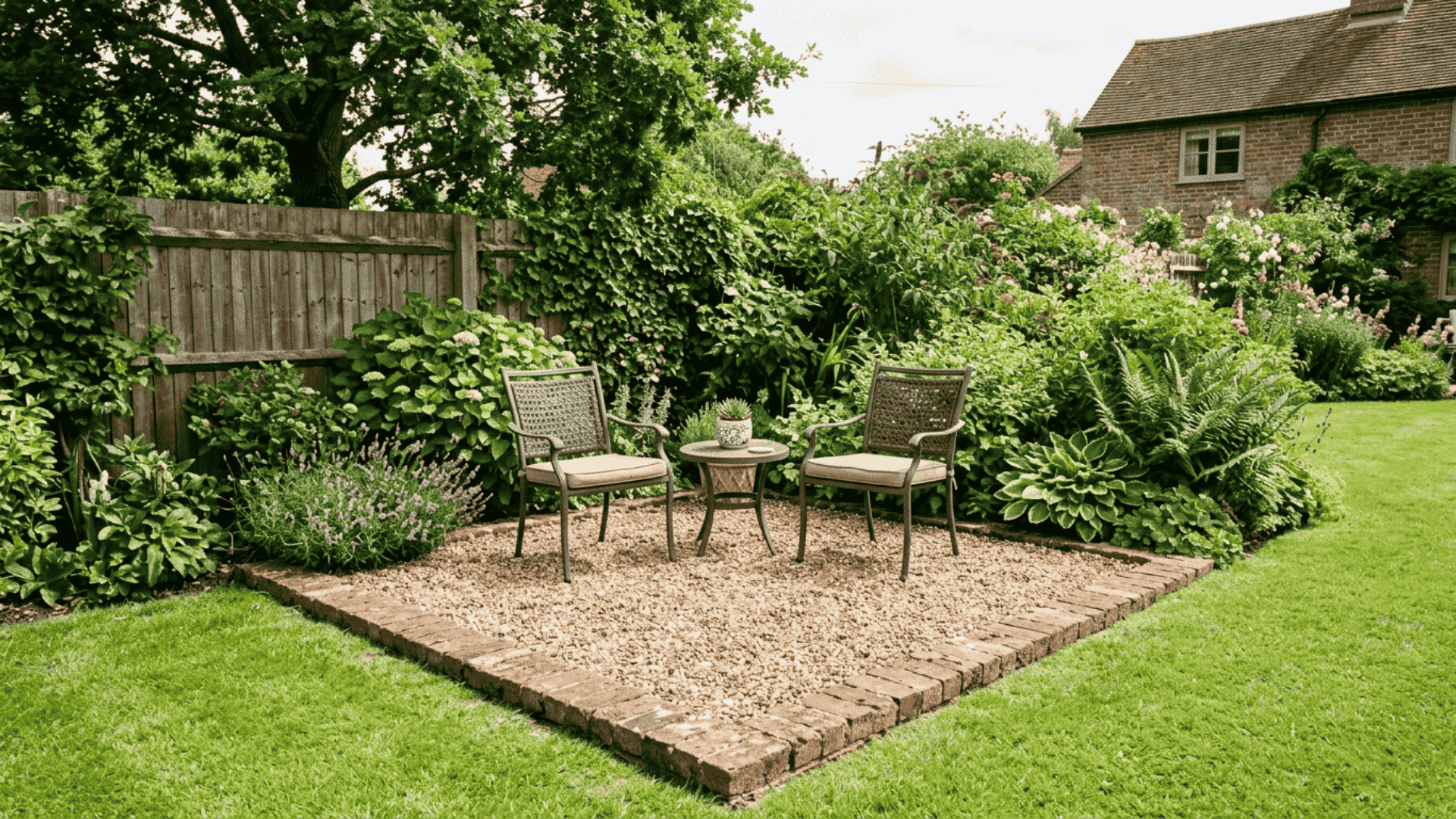 small corner gravel patio design with brick edging and compact outdoor chairs tucked into a backyard corner