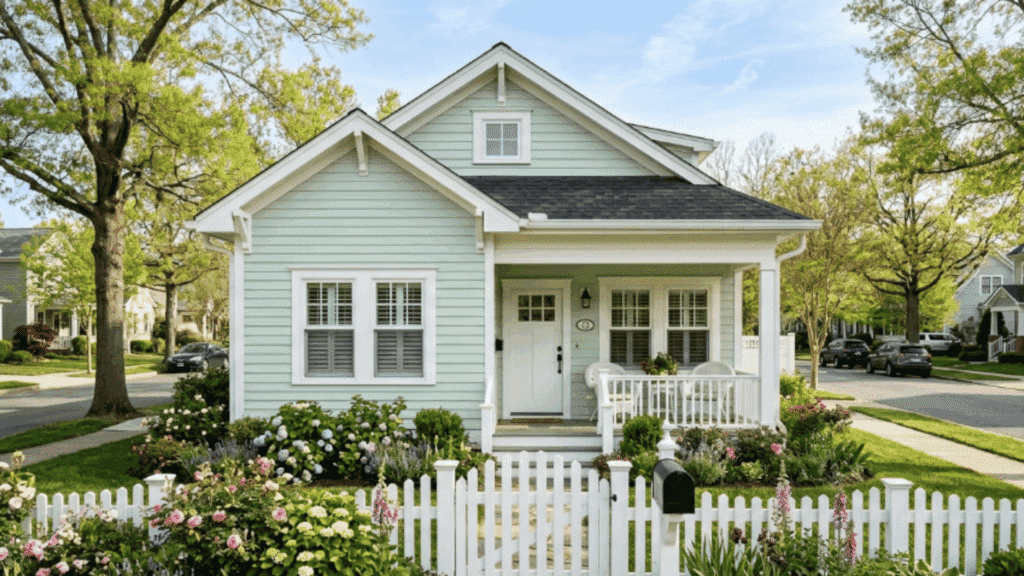 small cottage with mint green siding white trim flower garden bright spring sunshine residential street