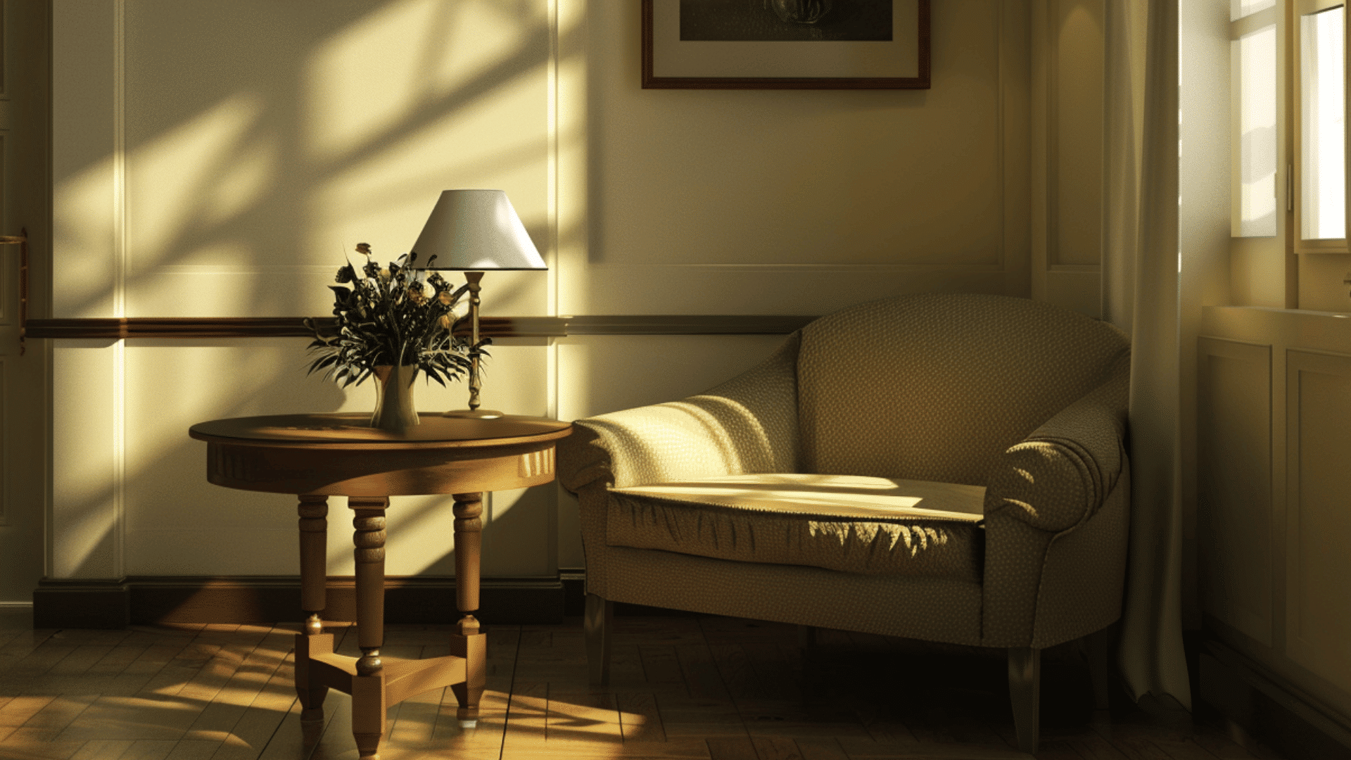 small end table beside sofa in cozy living room corner, empty surface, wide angle view, soft lighting