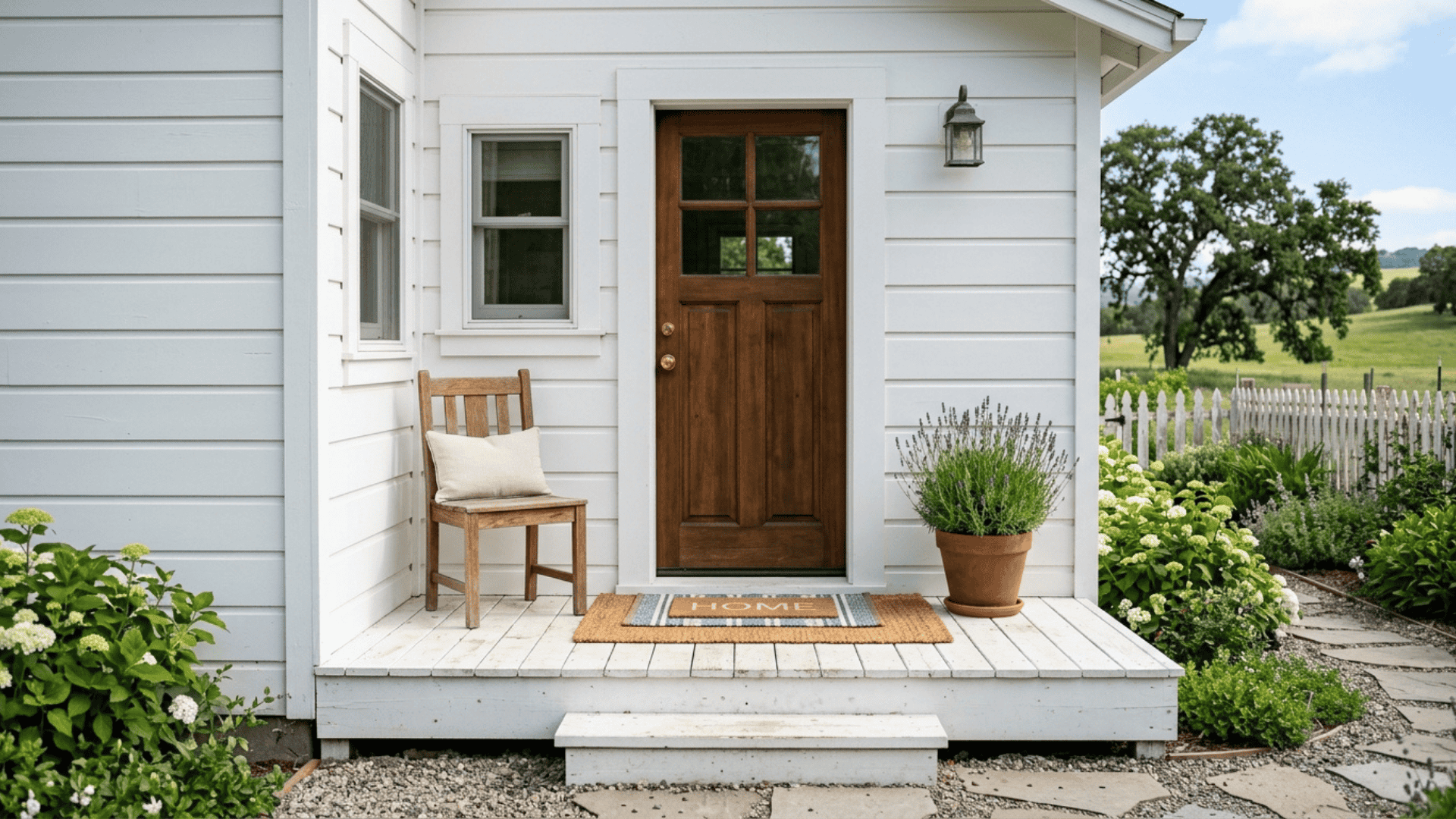 small farmhouse front stoop with single wooden chair potted plant and layered doormat at front door base