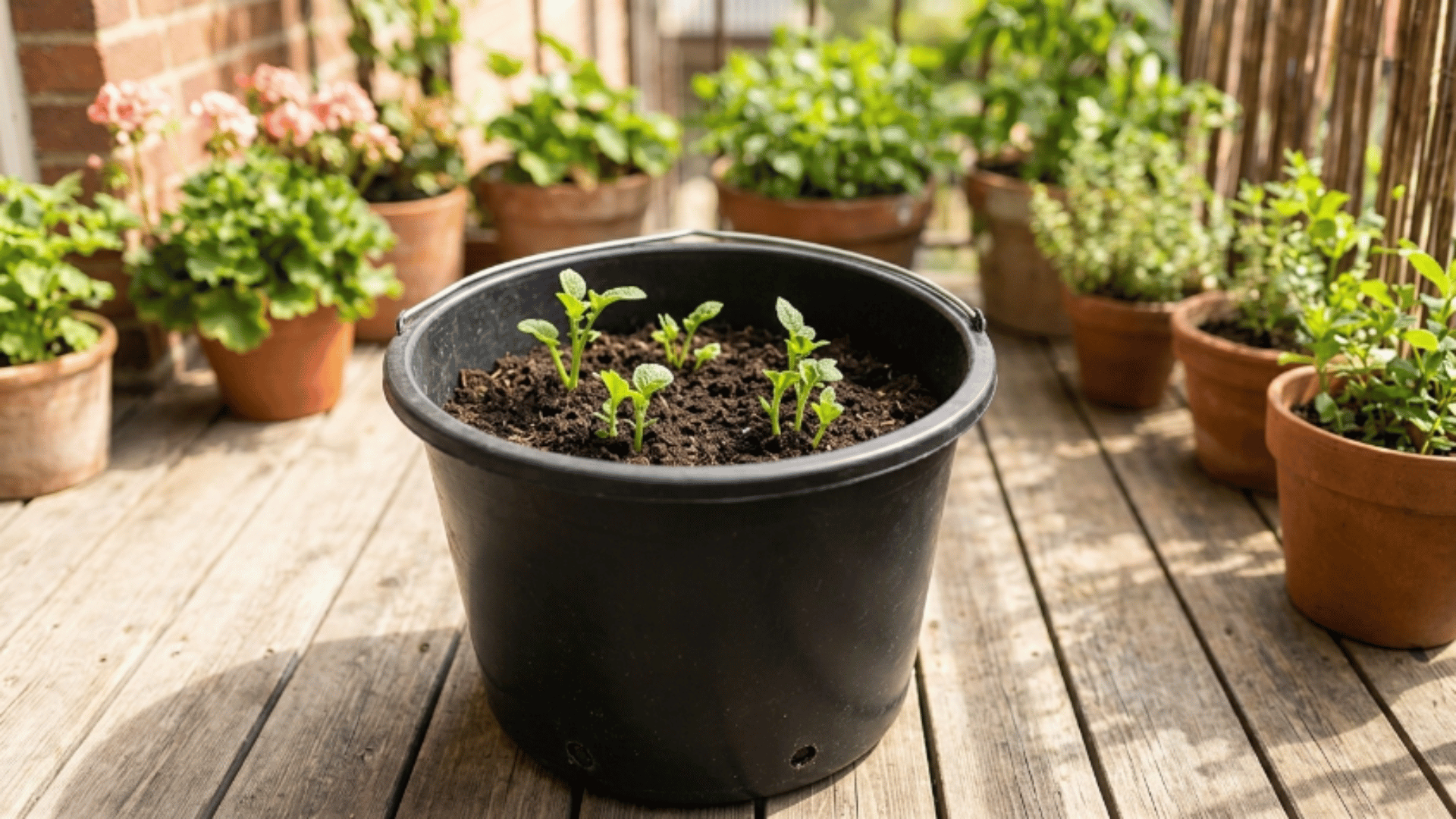 small green potato shoots growing in bucket placed in bright sunlight