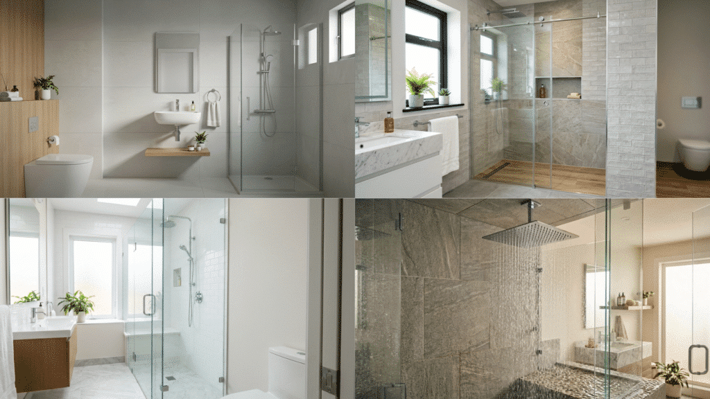 small master bathroom ideas collage niches, mirrors, and space-saving sink setups.