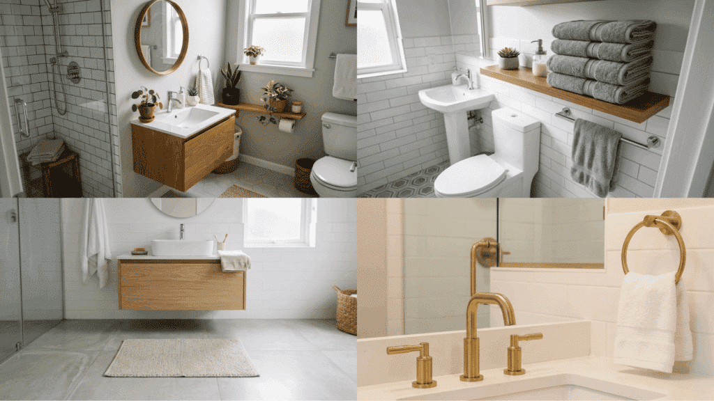 small master bathroom ideas collage plants, floating vanities, and modern fixtures.