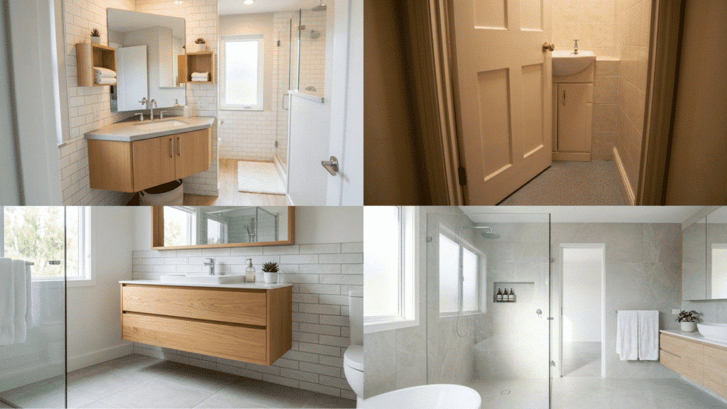 small master bathroom ideas collage with glass showers, floating vanities, and space-saving layouts