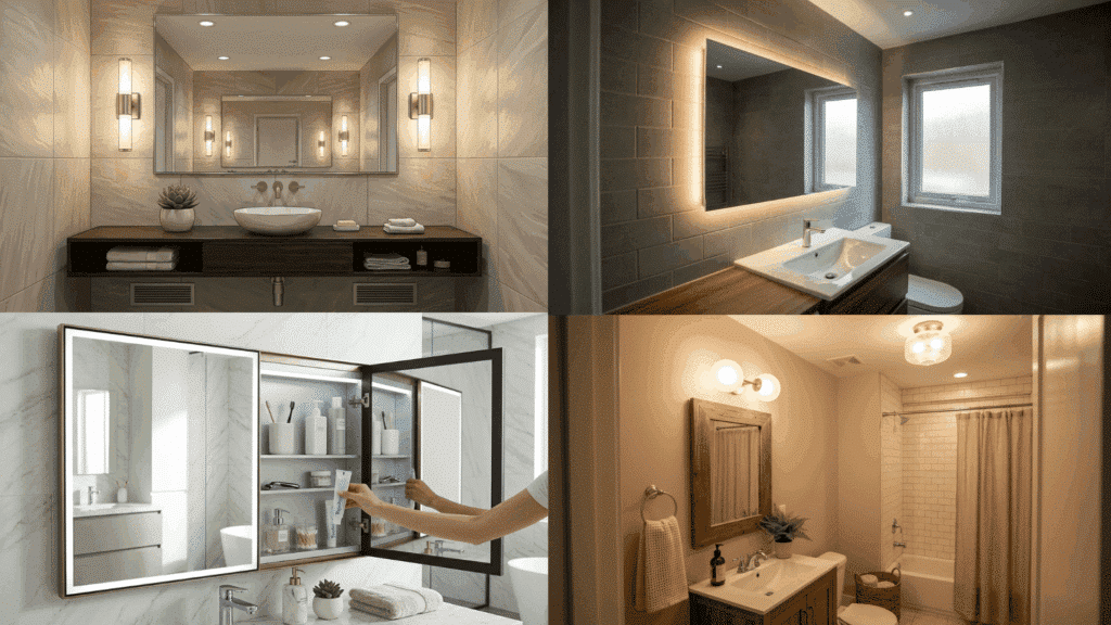 small master bathroom ideas collage with mirrors, wall lights, and backlit mirror designs.