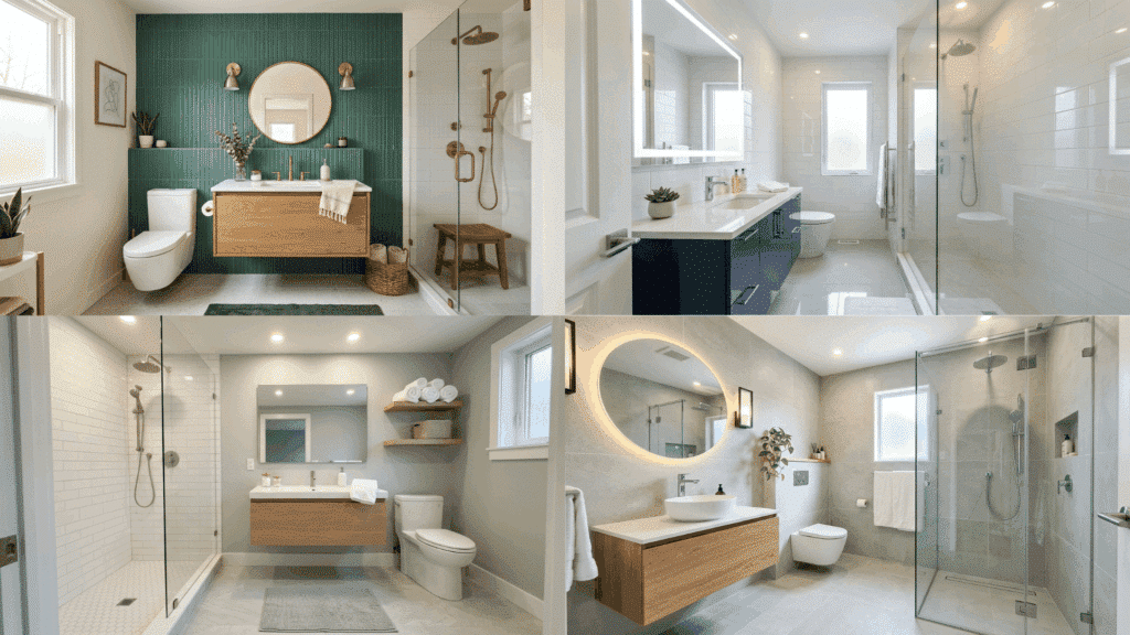 small master bathroom ideas collagewith accent walls, modern vanities, and glass showers.