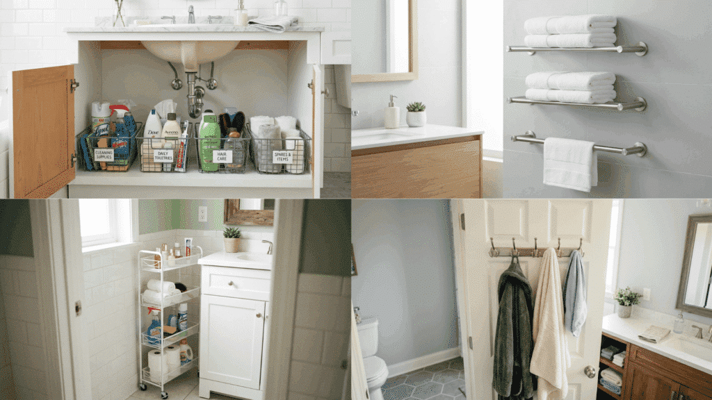small master bathroom storage ideas collage with under-sink organizers, towel racks, and compact carts.