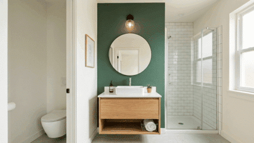 small master bathroom with green accent wall, floating vanity, and walk-in shower.