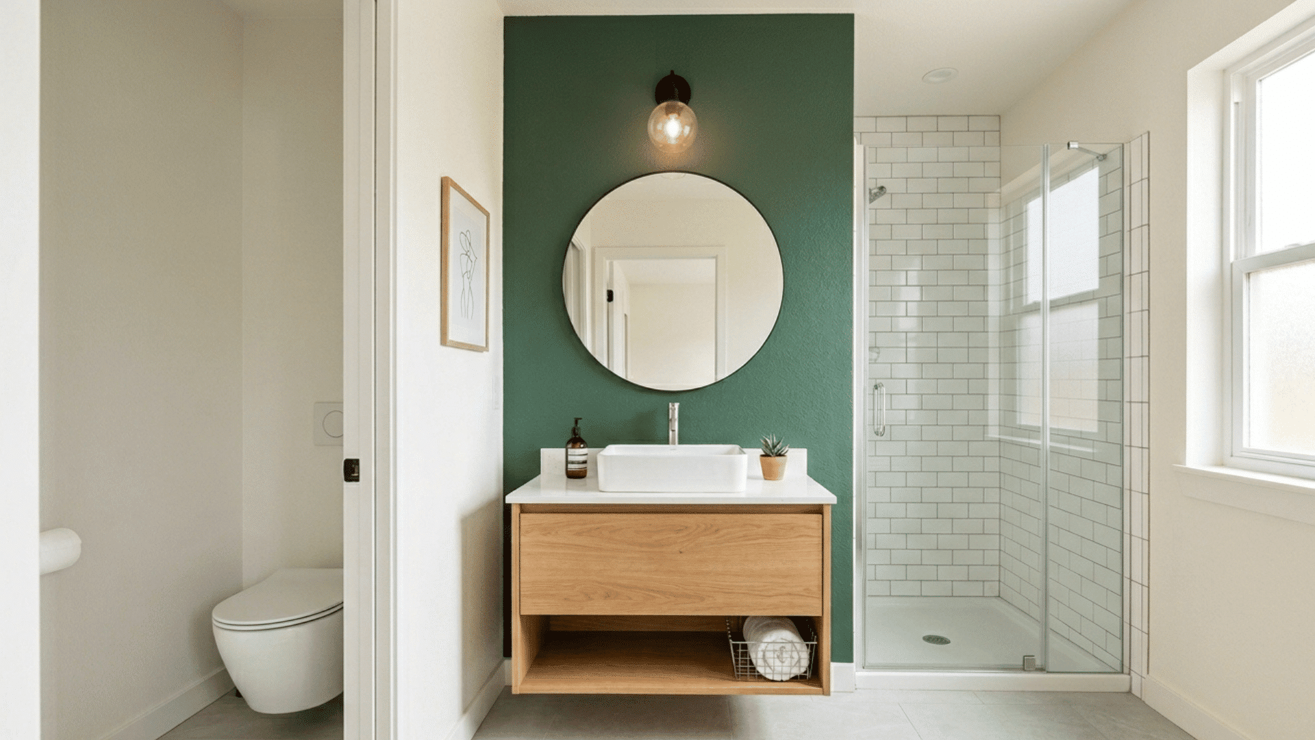 small master bathroom with green accent wall, floating vanity, and walk-in shower.
