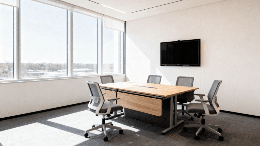 small meeting room with table chairs and wall mounted screen in clean modern office with bright natural lighting