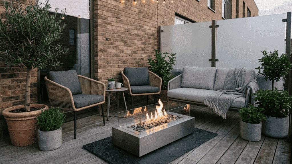 small modern patio fire pit glass wind guard compact outdoor seating balcony style cozy minimal design