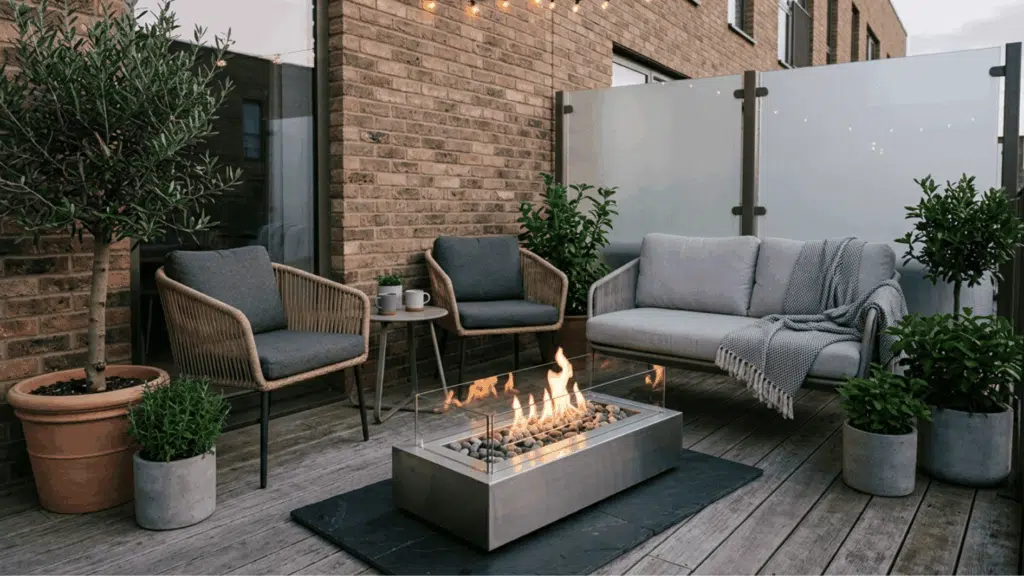 small modern patio fire pit glass wind guard compact outdoor seating balcony style cozy minimal design