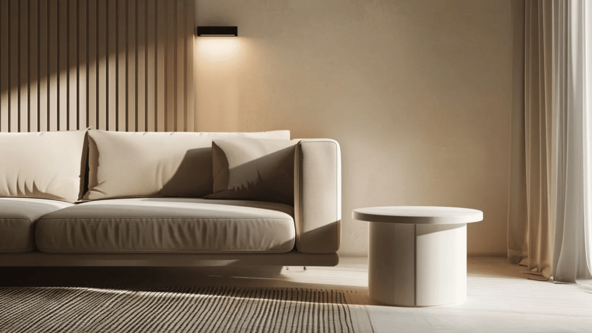 small round side table beside sofa in modern living room, empty surface, wide view, warm lighting, minimal setup